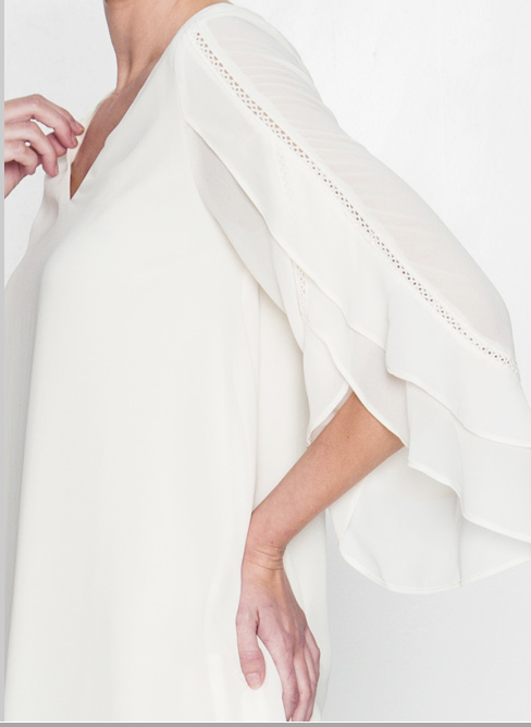 Summer V Neck Layered Ruffle Sleeve Ivory Dress