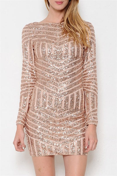 slim fit dress slacks Stars Collide Lace-Up Back Knee Length Sequin Dress Rose Gold– Selfie Leslie main image 0