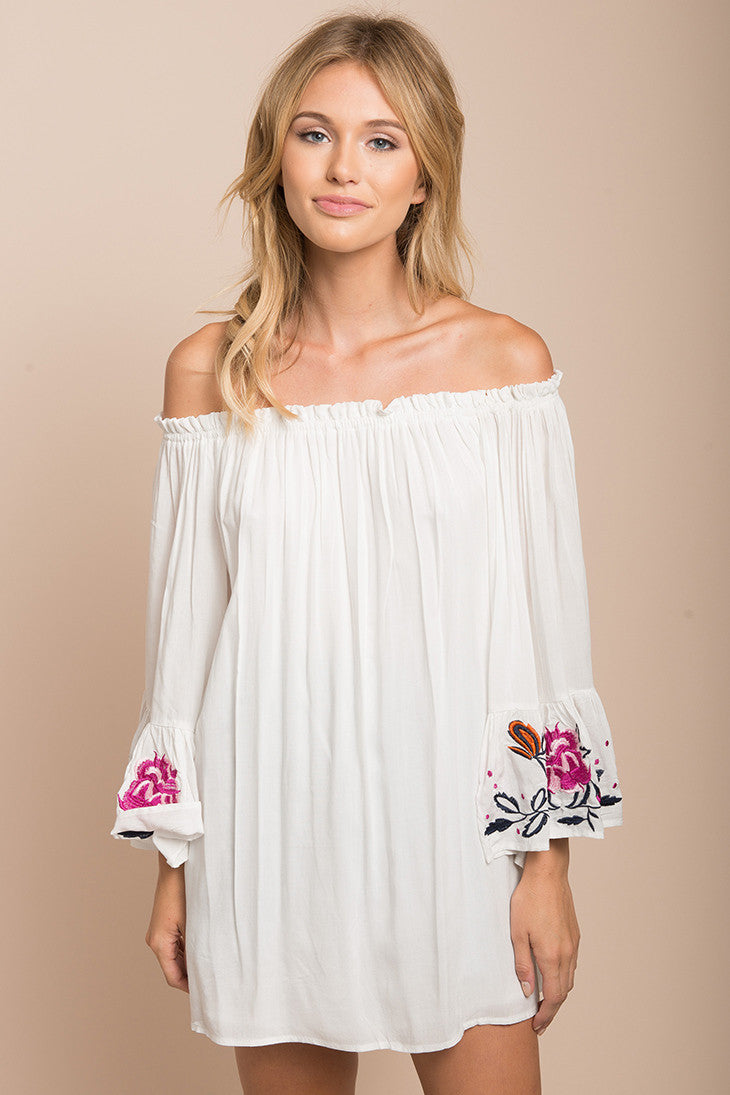 Summer Off Shoulder Bell Sleeve Embroidery Top White Dress