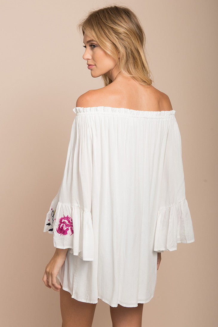 Summer Off Shoulder Bell Sleeve Embroidery Top White Dress