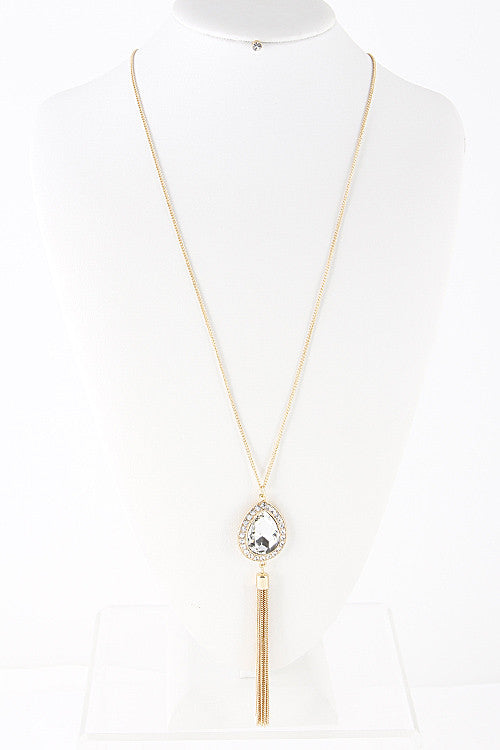 Gold Necklace with Circle Stone and Tassel