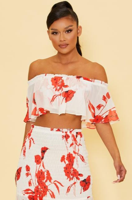 Fashion White Red Floral Print Off Shoulder Ruffle Crop Top