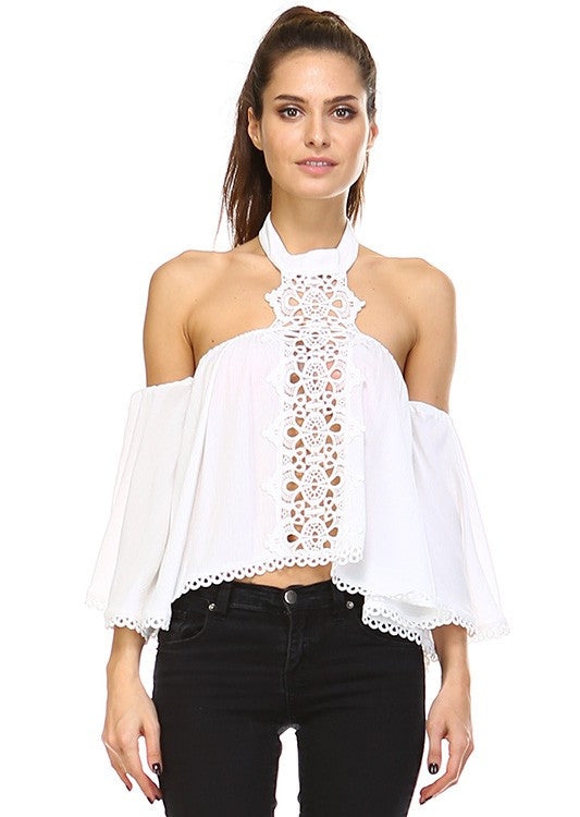 Lace Halter Off Shoulder White Top