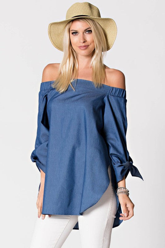 Off Shoulder Denim Top with Tie Sleeve
