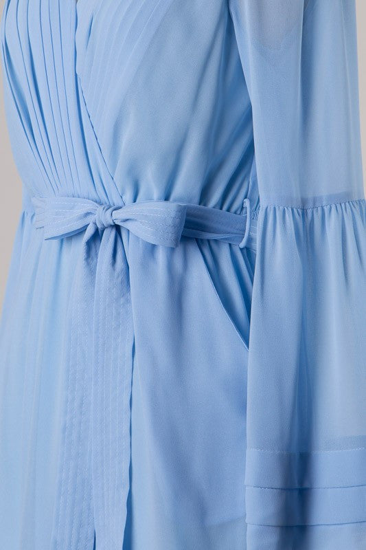 Elegant Bell Sleeve Pleated Summer Sky Blue Dress