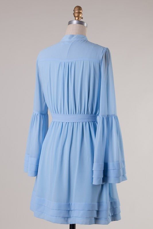 Elegant Bell Sleeve Pleated Summer Sky Blue Dress