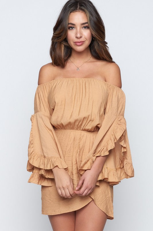 Fashion Off Shoulder Beige Ruffle Sleeve Dress