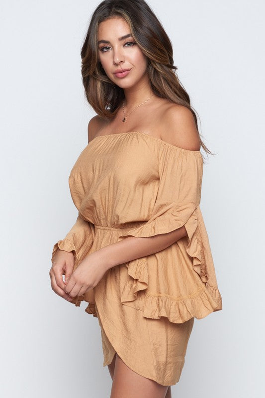 Fashion Off Shoulder Beige Ruffle Sleeve Dress