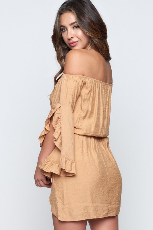 Fashion Off Shoulder Beige Ruffle Sleeve Dress