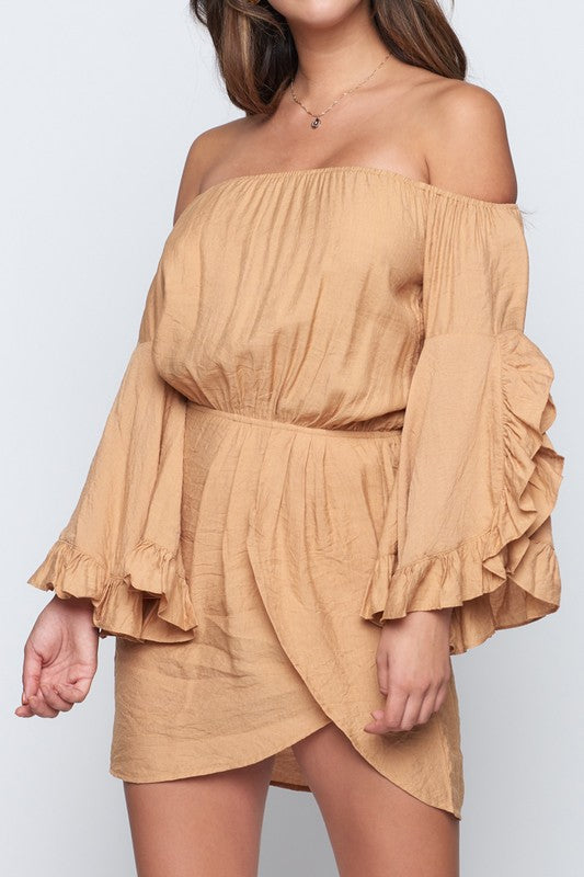 Fashion Off Shoulder Beige Ruffle Sleeve Dress