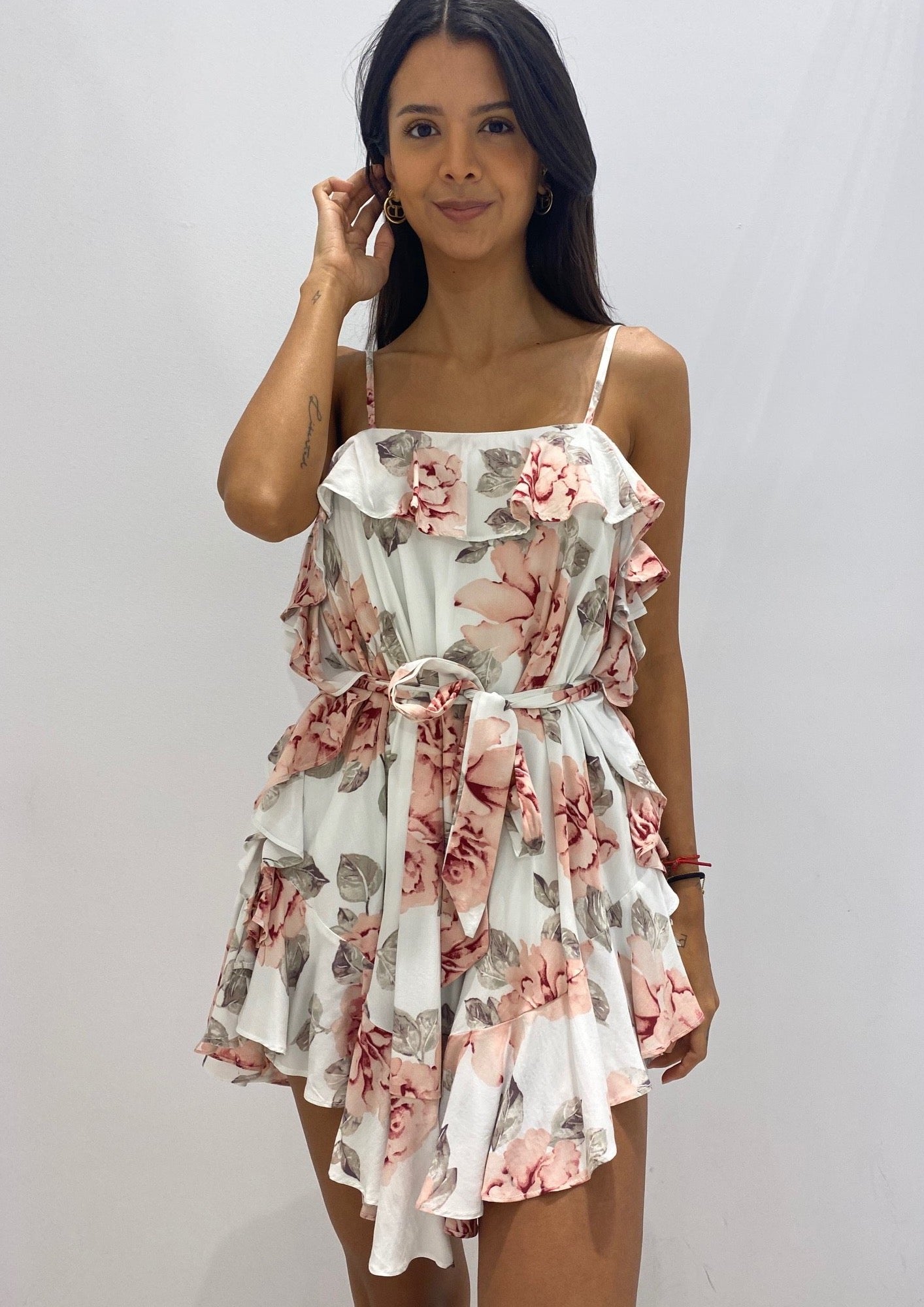 Fashion Strap White Multi-Color Floral Print Tie-Up Ruffle Sleeveless Dress