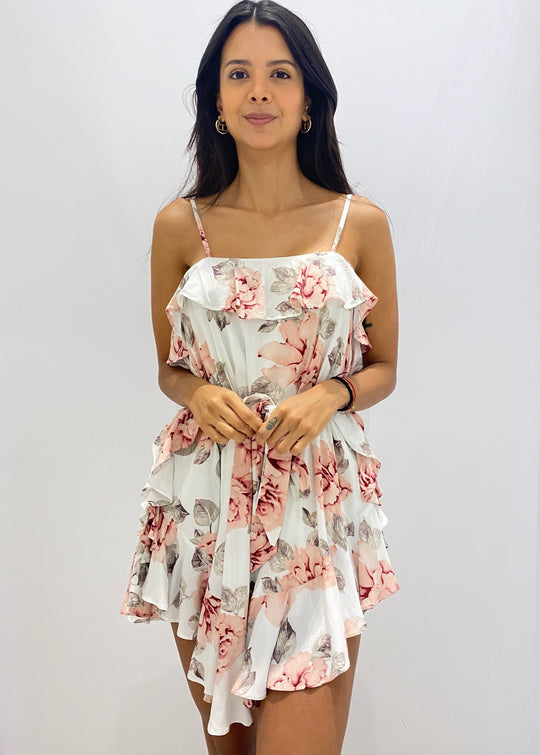 Fashion Strap White Multi-Color Floral Print Tie-Up Ruffle Sleeveless Dress