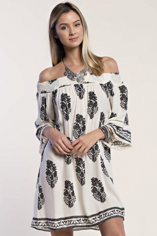 Casual Off Shoulder Ivory Dress with Black Print