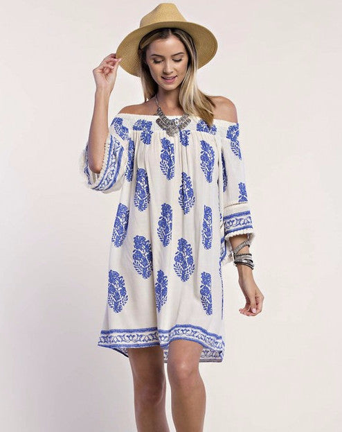 Casual Off Shoulder Ivory Dress with Blue Print