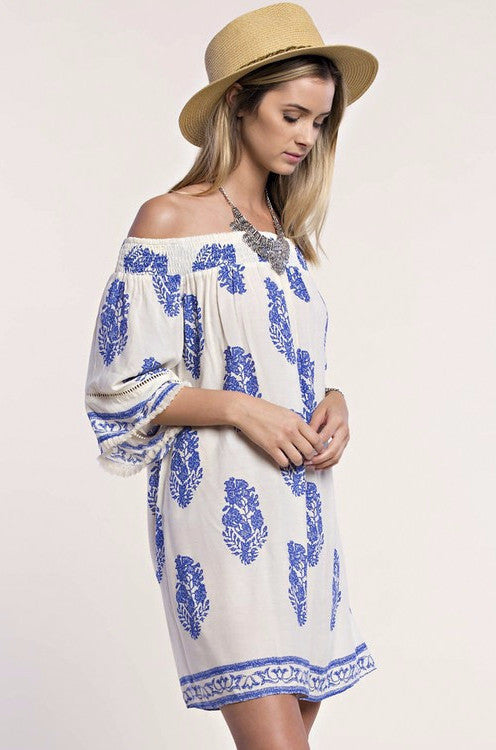 Casual Off Shoulder Ivory Dress with Blue Print