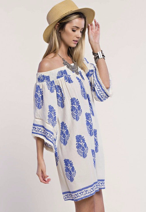 Casual Off Shoulder Ivory Dress with Blue Print