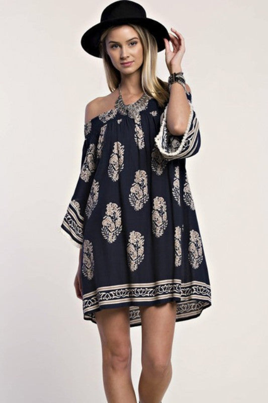 Casual Off Shoulder Navy Dress with Mocha Print