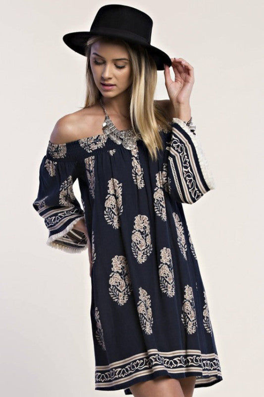 Casual Off Shoulder Navy Dress with Mocha Print