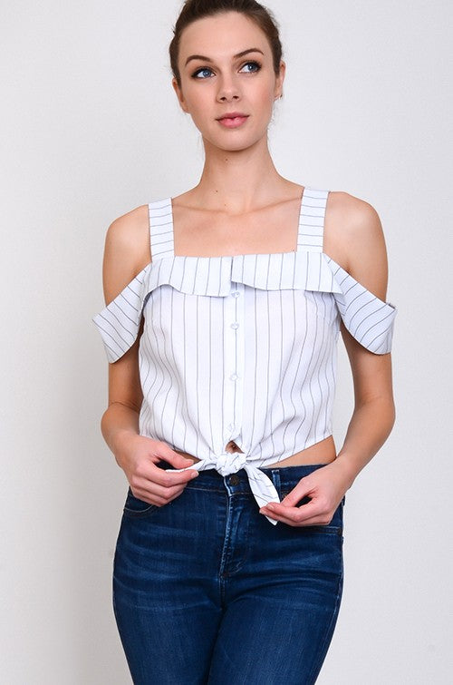Fashion Striped Button Down Tie-Up White Top