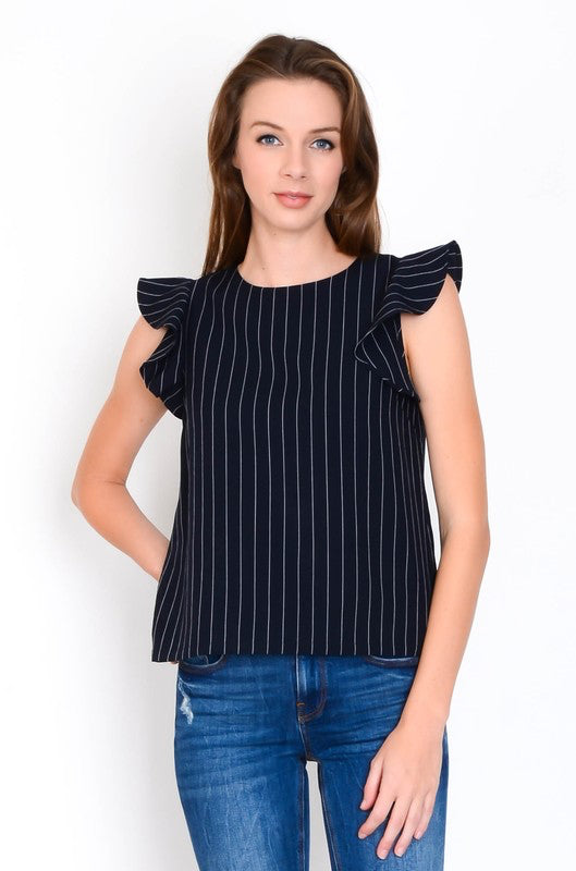 Fashion Ruffle Open Back Navy Striped Blouse