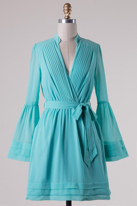 Elegant Bell Sleeve Pleated Summer Mint Dress