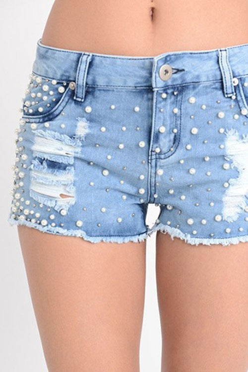 Fashion Shorts Pearl Ripped Blue Denim