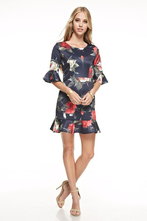 Floral Cocktail Flare Sleeve Navy Dress