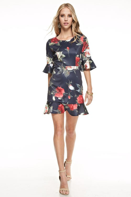 Floral Cocktail Flare Sleeve Navy Dress