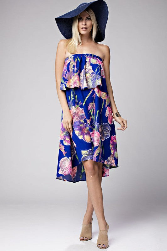 Strapless Floral Royal Blue Summer Dress