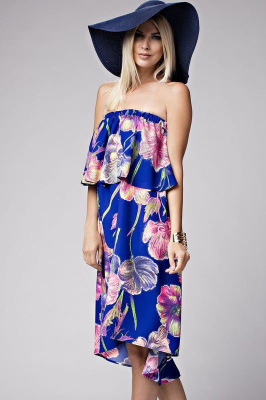 Strapless Floral Royal Blue Summer Dress – EDITE MODE