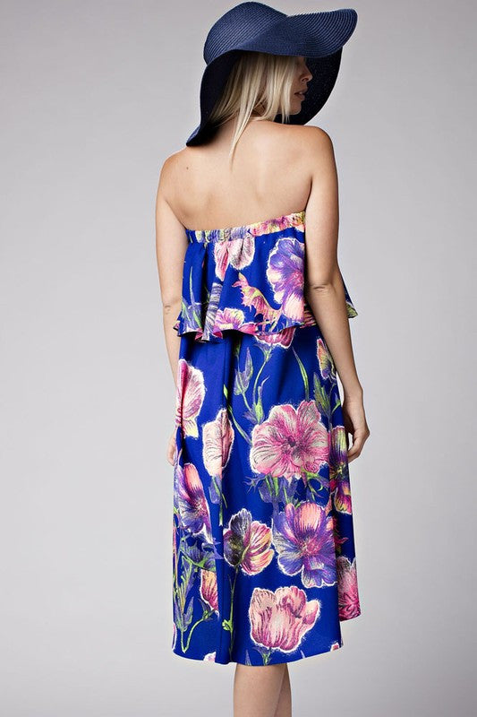 Strapless Floral Royal Blue Summer Dress