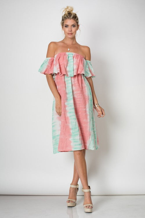 Summer Peach Mint Off Shoulder Dress