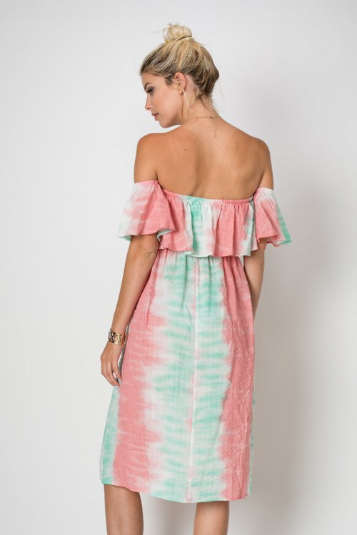 Summer Peach Mint Off Shoulder Dress