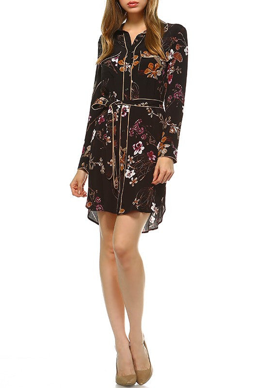 Elegant Floral Print Black Shirt Dress