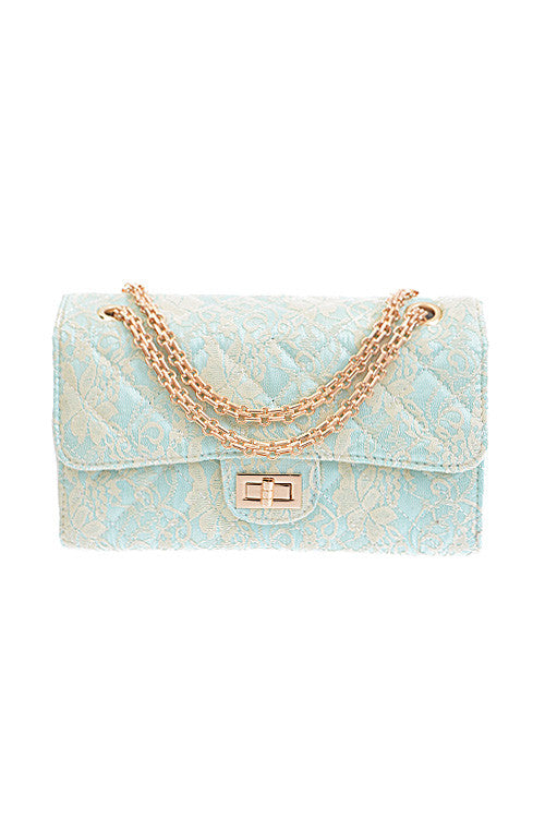 Elegant Flower Lace Quilted Mint Clutch
