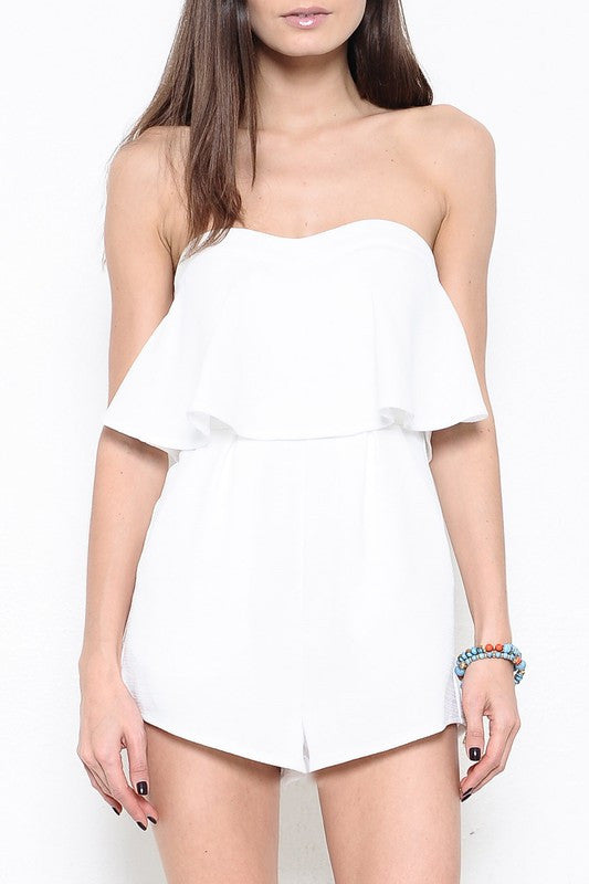 Elegant Ruffle Strapless White Romper