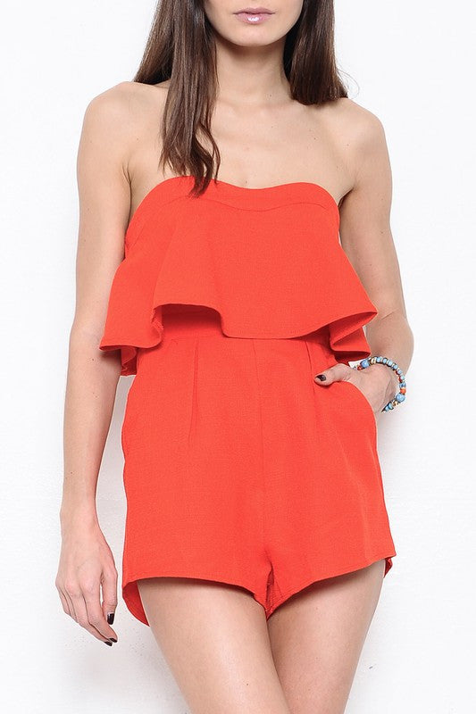 Elegant Ruffle Strapless Red Romper