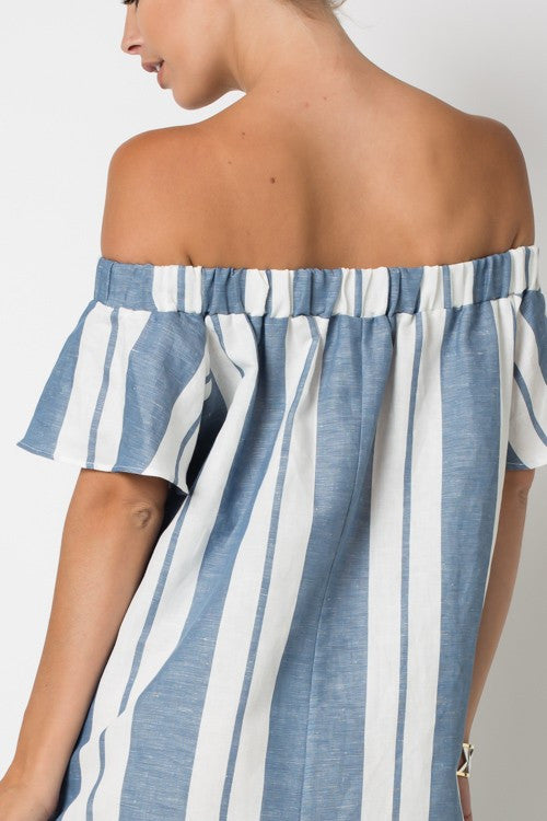 Blue White Stripe Resort Off Shoulder Dress