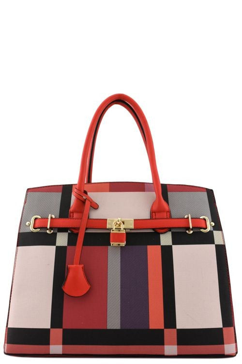 Elegant Red Multi-Color Checkered Tote Bag