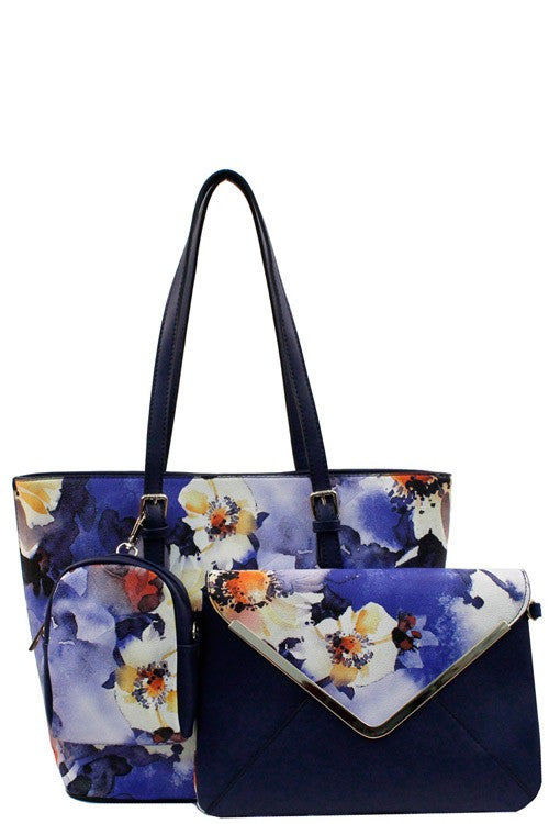 Elegant Blue Floral Watercolor Top Handle Bag Set