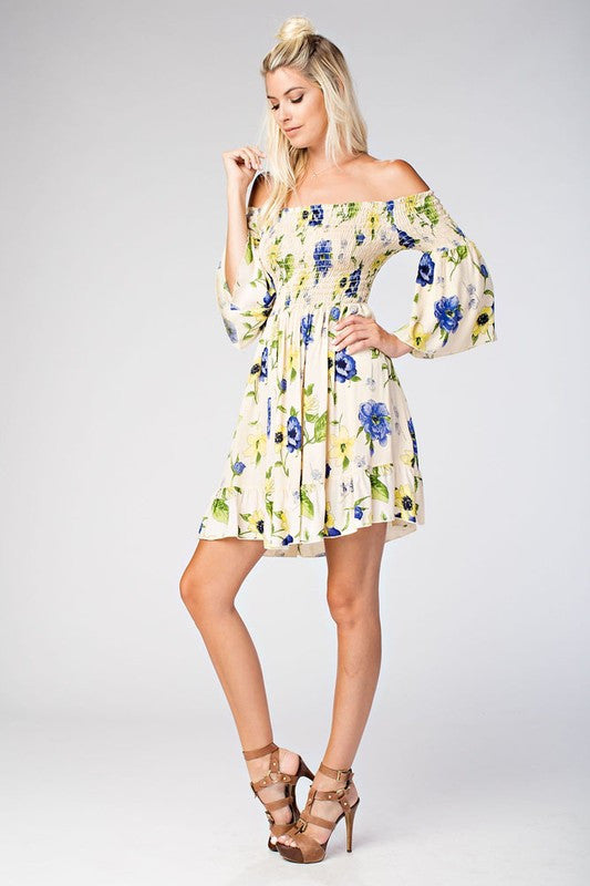 Summer Floral Off Shoulder Bell Sleeve Dress