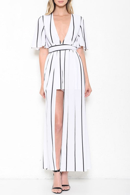 Elegant Black Stripe Open Back White Maxi Romper
