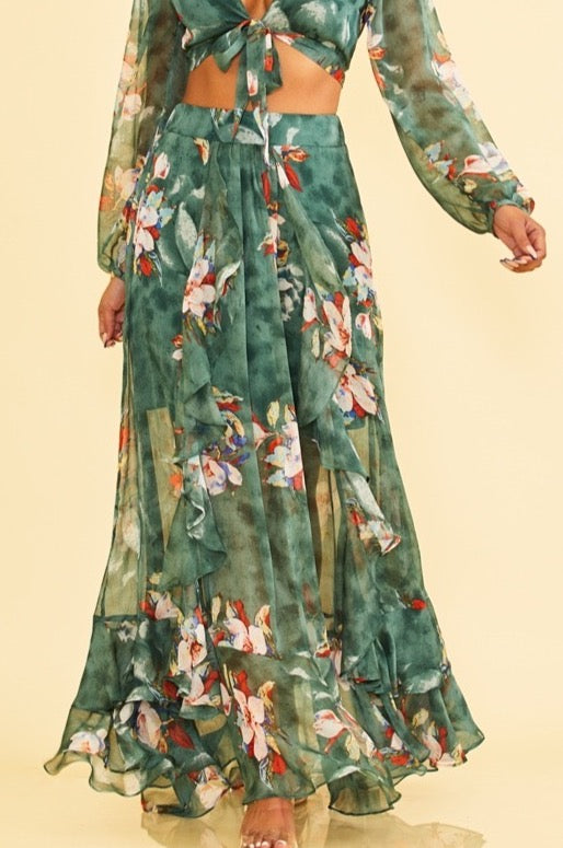 Elegant Hunter Green Multi-Color Floral Print High Waisted Ruffle Maxi Skirt