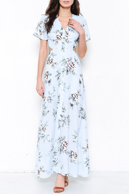 Elegant Light Blue Floral Cutout Maxi Dress