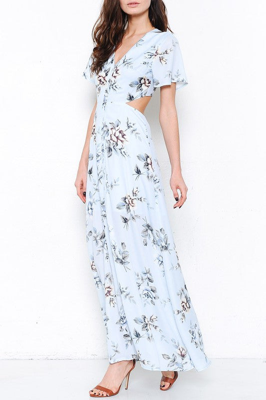Elegant Light Blue Floral Cutout Maxi Dress