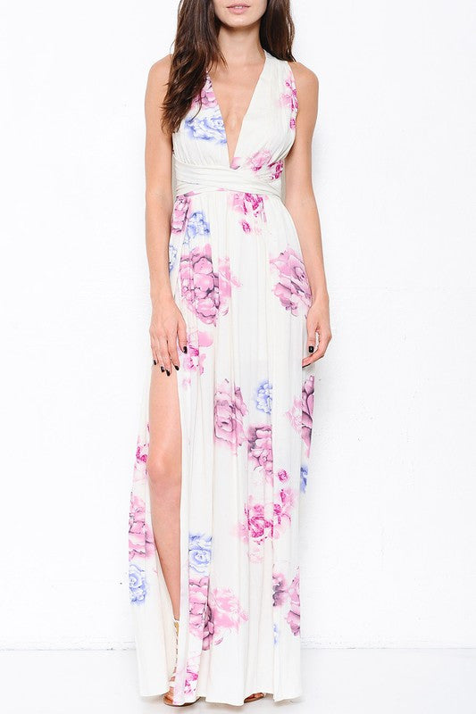 Elegant Multi-Color Print Tie-Up Maxi Dress
