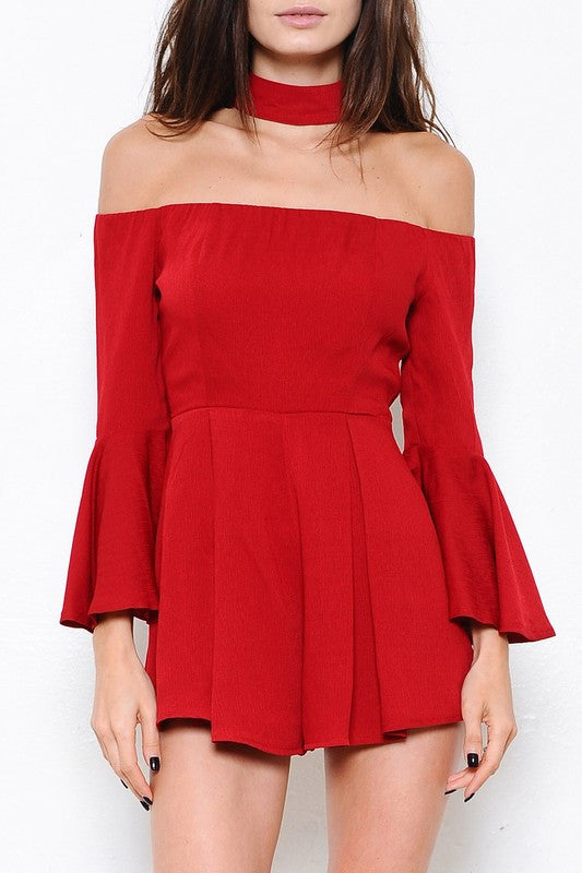 Elegant Red Chocker Romper with Flare Bell Sleeve