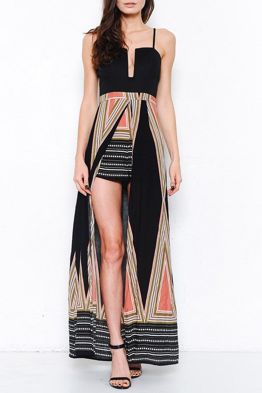 Elegant Black Stripe Multi-Color Maxi Romper