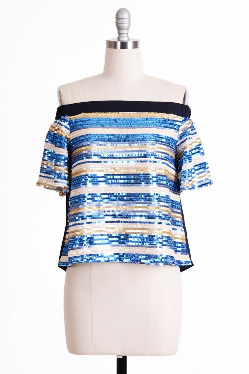 Fashion Off Shoulder Blue Sequence Top