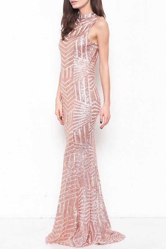 Elegant Open Back Cocktail Sequence Rose Gold Gown Dress